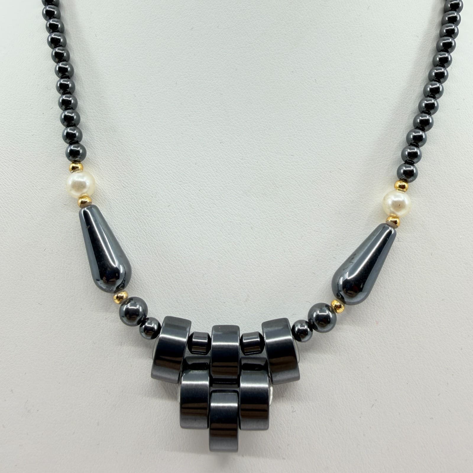 Vintage Gunmetal Tone Beaded Necklace Gray Stone Faux Pearl Statement Y2K 90s - Thumbnail 2