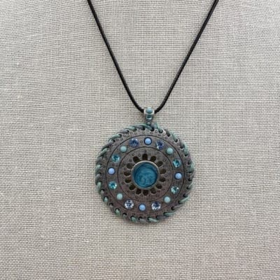 Vintage 90s Teal Blue Beaded Medallion Pendant Necklace Silver Tone Rhinestone - Thumbnail 2