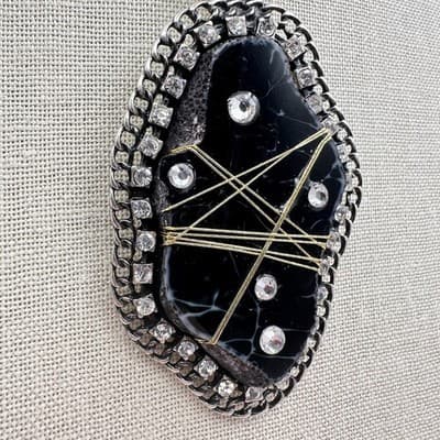 Vintage Y2K Black Agate Pendant Necklace Silver Tone Clear Rhinestone Jewelry - Thumbnail 5
