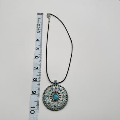 Vintage 90s Teal Blue Beaded Medallion Pendant Necklace Silver Tone Rhinestone - Thumbnail 10