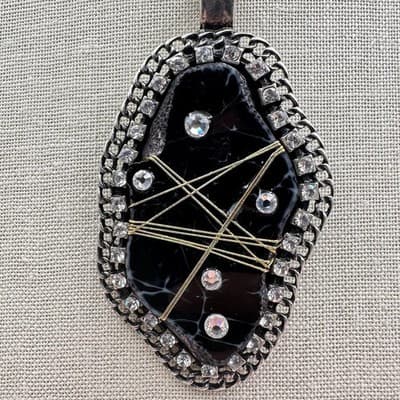 Vintage Y2K Black Agate Pendant Necklace Silver Tone Clear Rhinestone Jewelry - Thumbnail 7