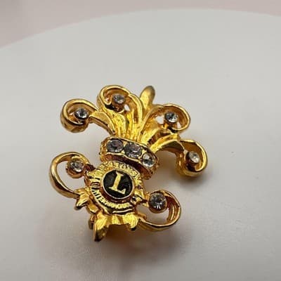 Vintage 80s 90s Lions Club International Brooch Pin Set Gold Tone Glass Jewelry - Thumbnail 5