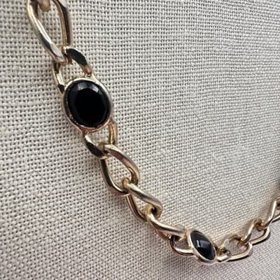 Vintage 90s Black Cabochon Stations Gold Tone Chain Necklace Women's Jewelry - Thumbnail 4