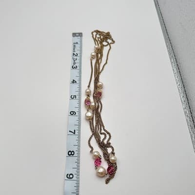 Vintage 90s Faux Pearl Gold Tone Multi Strand Chain Necklace Classic Jewelry - Thumbnail 10