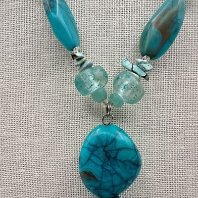 Vintage 90s Teal Faux Turquoise Glass Beaded Tassel Necklace Silver tone Jewelry - Thumbnail 5