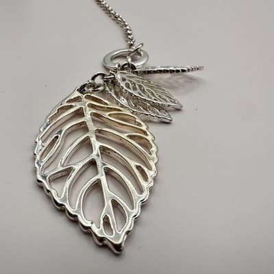 Vintage Y2K Silver Tone Multi Leaf Charm Lariat Necklace Boho Nature Jewelry - Thumbnail 4