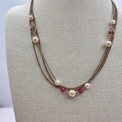 Vintage 90s Faux Pearl Gold Tone Multi Strand Chain Necklace Classic Jewelry - Thumbnail 7