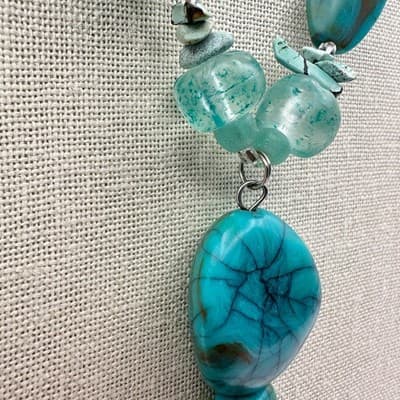 Vintage 90s Teal Faux Turquoise Glass Beaded Tassel Necklace Silver tone Jewelry - Thumbnail 7