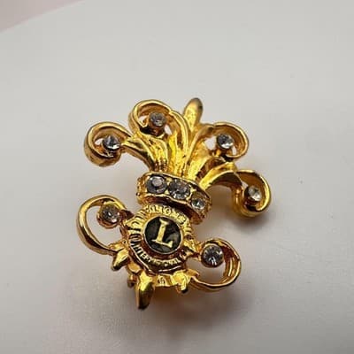 Vintage 80s 90s Lions Club International Brooch Pin Set Gold Tone Glass Jewelry - Thumbnail 6