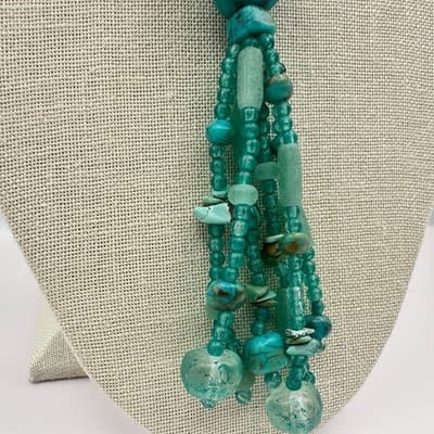 Vintage 90s Teal Faux Turquoise Glass Beaded Tassel Necklace Silver tone Jewelry - Thumbnail 4