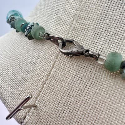 Vintage 90s Teal Faux Turquoise Glass Beaded Tassel Necklace Silver tone Jewelry - Thumbnail 9