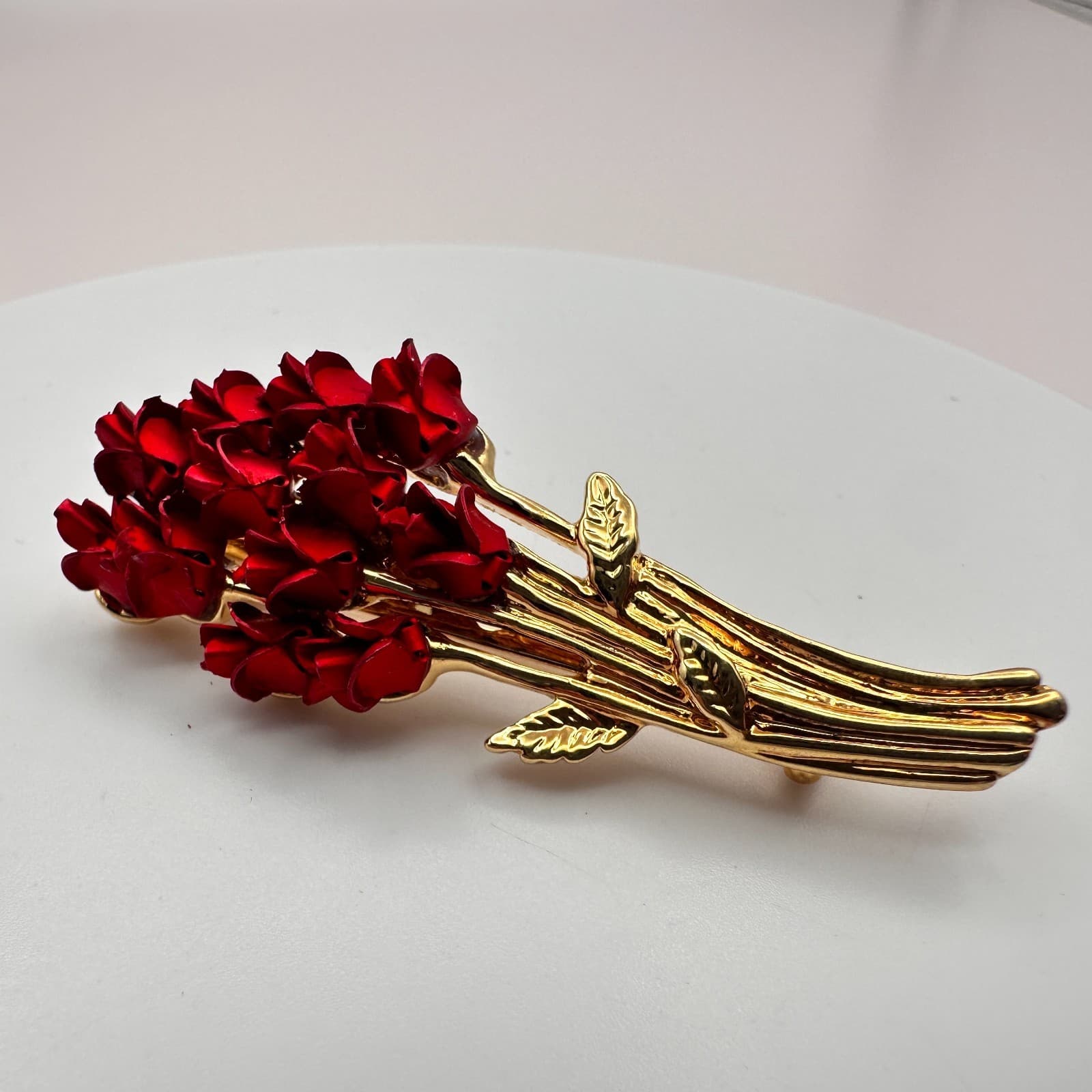 Vintage 90s Red Rose Bouquet Brooch Pin Gold Tone Women's Classic Jewelry - Thumbnail 4