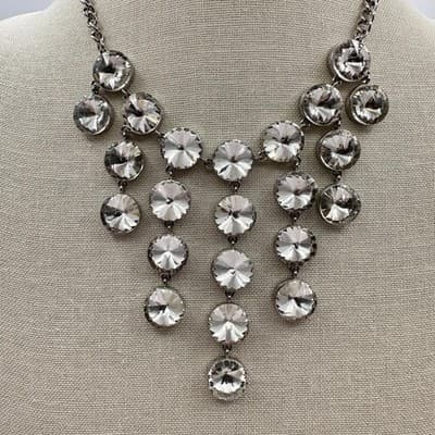 Vintage 90s Silver Tone Round Glass Tiered Bib Statement Necklace Glam Jewelry - Thumbnail 2