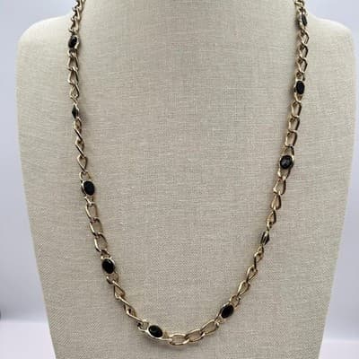 Vintage 90s Black Cabochon Stations Gold Tone Chain Necklace Women's Jewelry - Thumbnail 7