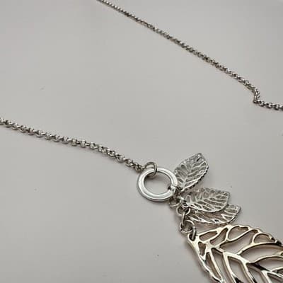 Vintage Y2K Silver Tone Multi Leaf Charm Lariat Necklace Boho Nature Jewelry - Thumbnail 7