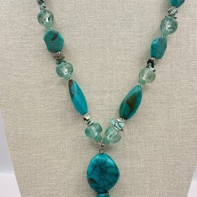 Vintage 90s Teal Faux Turquoise Glass Beaded Tassel Necklace Silver tone Jewelry - Thumbnail 6