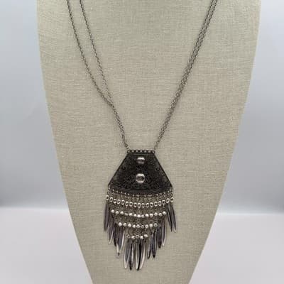 Vintage 90s Silver Tone Filigree Fringe Statement Necklace Women's Retro Jewelry - Thumbnail 2