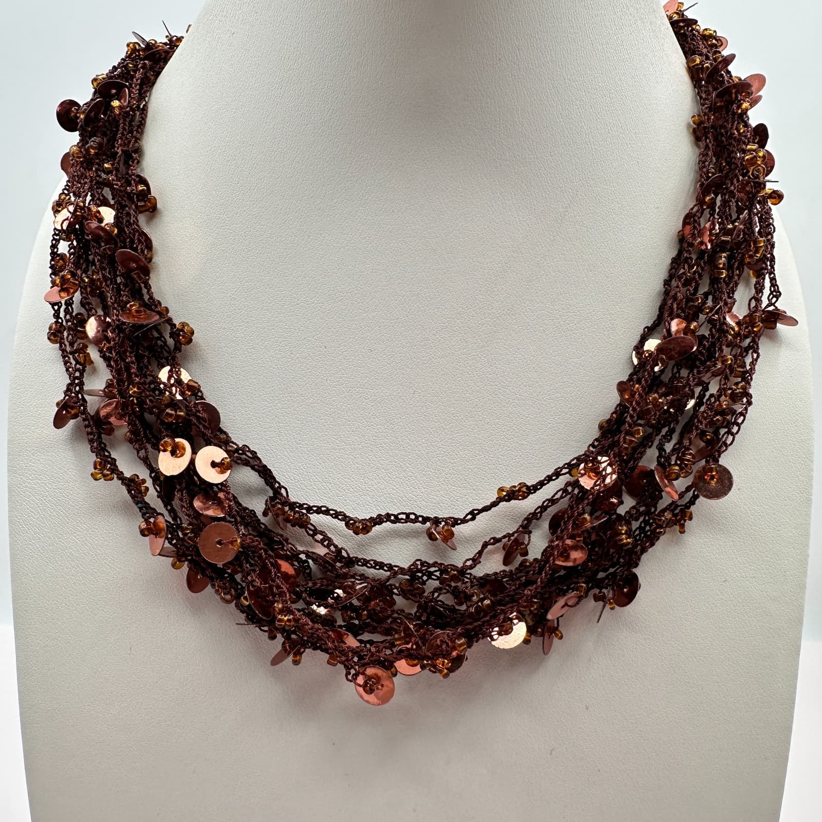 Vintage 90s Boho Multi-Strand Crochet Necklace Brown Amber Beaded Copper Sequins