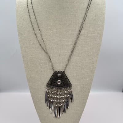 Vintage 90s Silver Tone Filigree Fringe Statement Necklace Women's Retro Jewelry - Thumbnail 3