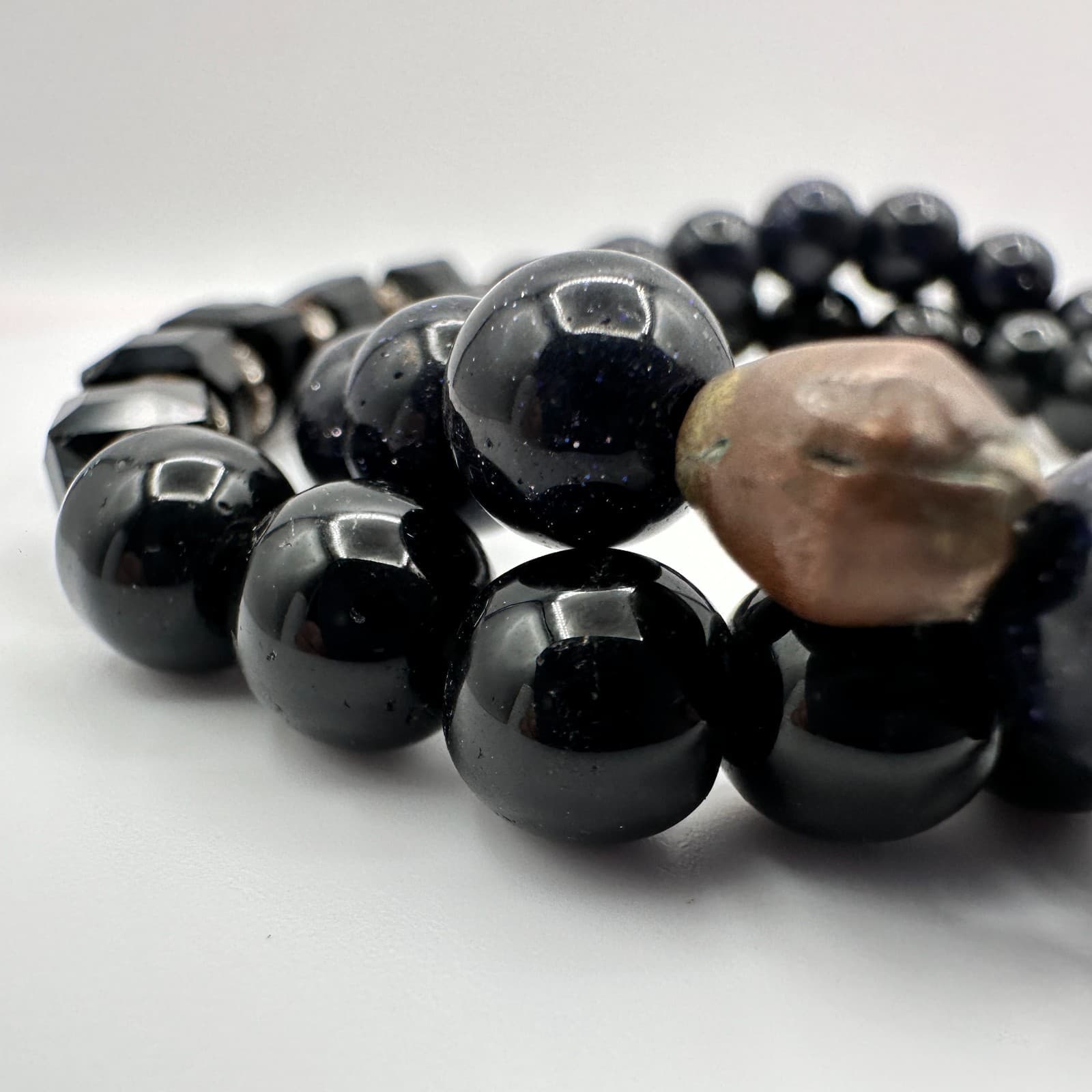 Vintage Y2K Rhinestone Black Onyx Beaded Bracelet Set Boho Women's Jewelry - Thumbnail 5