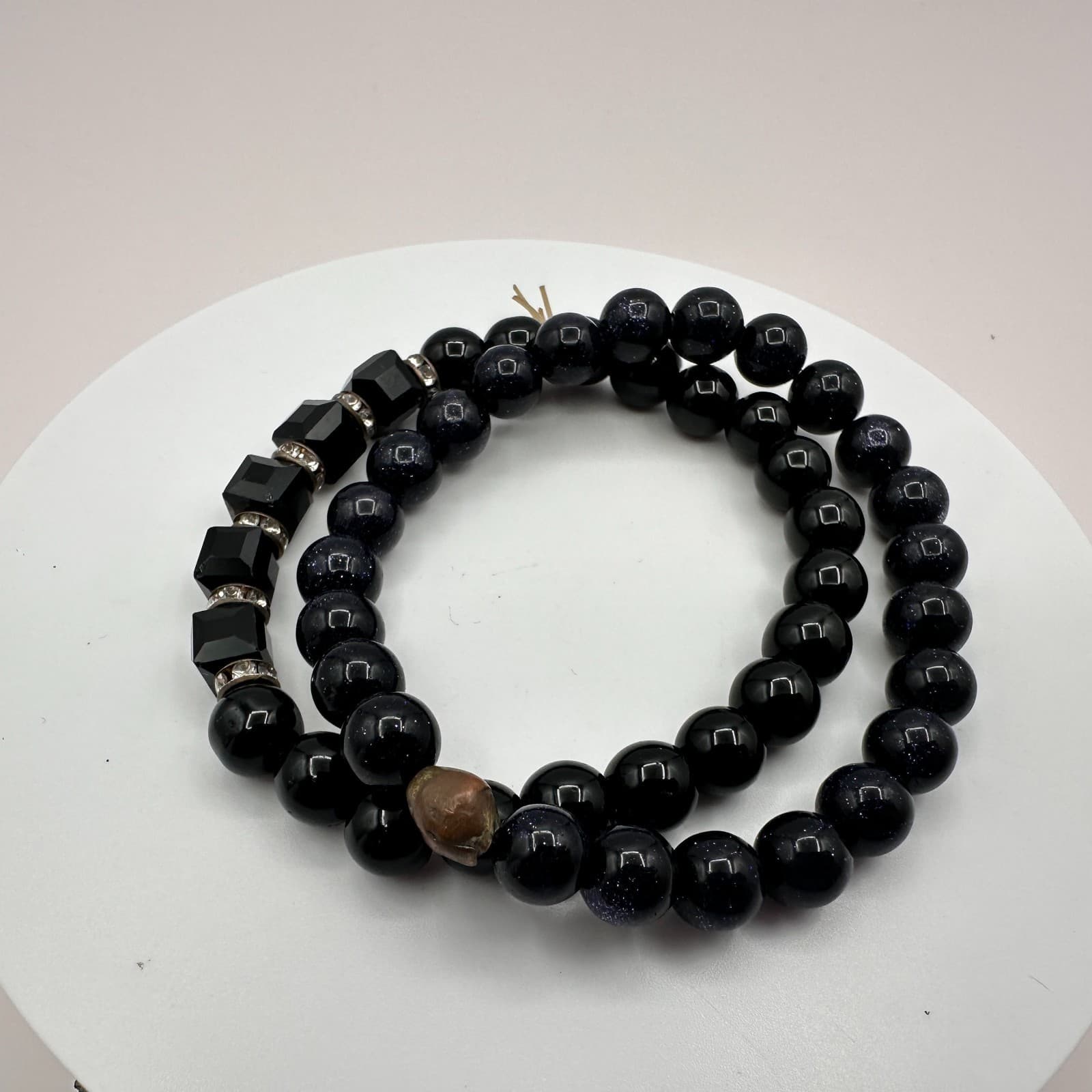 Vintage Y2K Rhinestone Black Onyx Beaded Bracelet Set Boho Women's Jewelry - Thumbnail 3