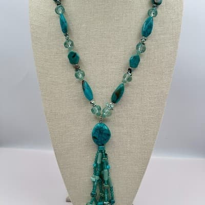 Vintage 90s Teal Faux Turquoise Glass Beaded Tassel Necklace Silver tone Jewelry - Thumbnail 8