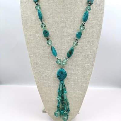 Vintage 90s Teal Faux Turquoise Glass Beaded Tassel Necklace Silver tone Jewelry - Thumbnail 2