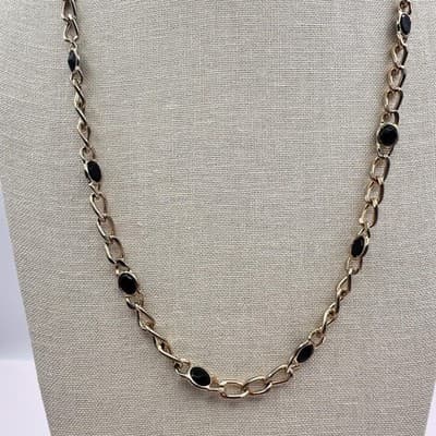 Vintage 90s Black Cabochon Stations Gold Tone Chain Necklace Women's Jewelry - Thumbnail 2