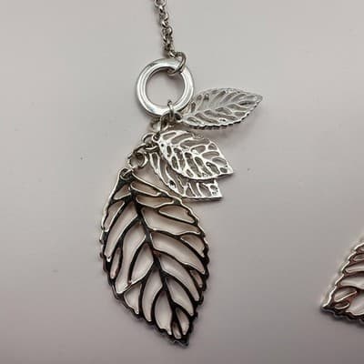 Vintage Y2K Silver Tone Multi Leaf Charm Lariat Necklace Boho Nature Jewelry - Thumbnail 5