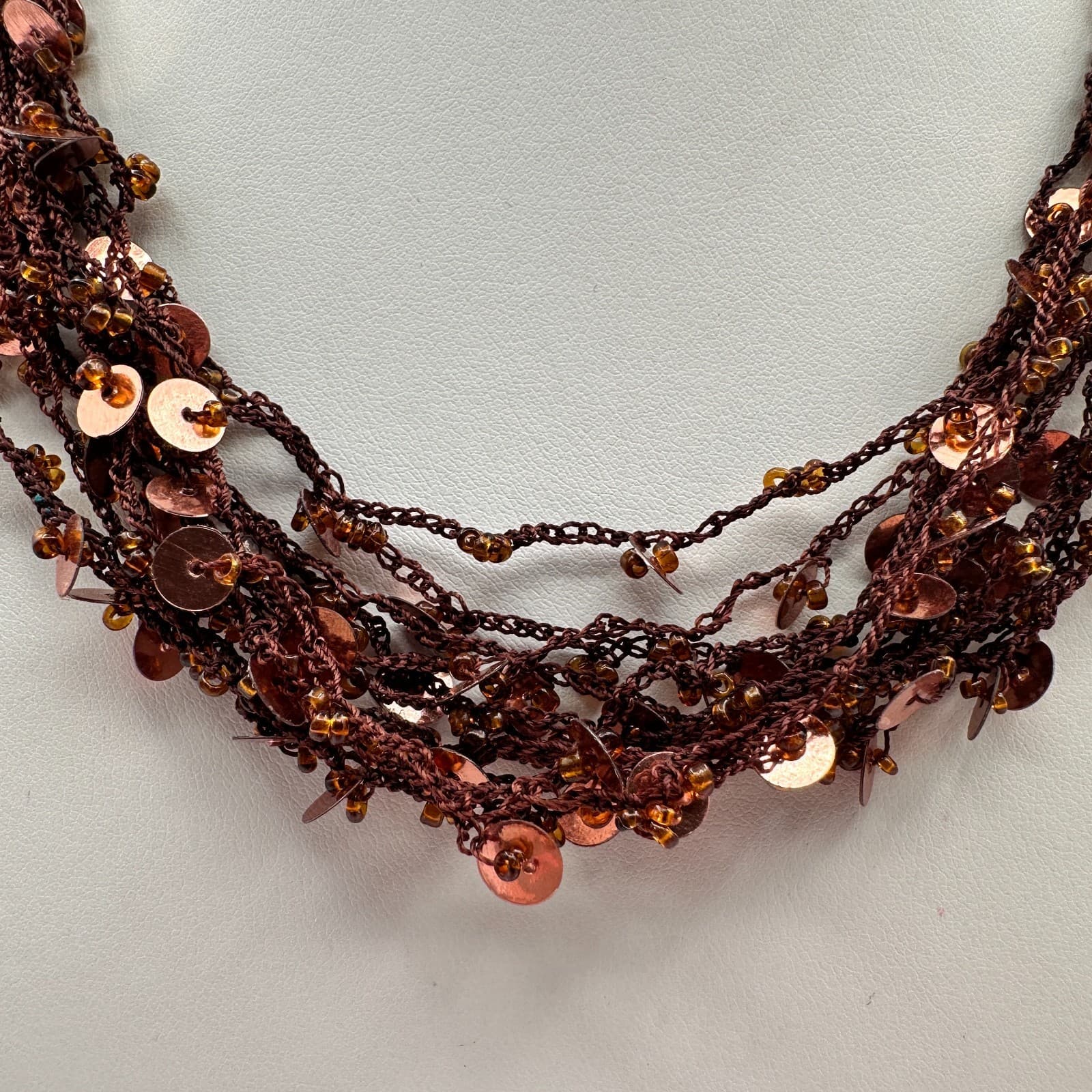 Vintage 90s Boho Multi-Strand Crochet Necklace Brown Amber Beaded Copper Sequins - Thumbnail 3