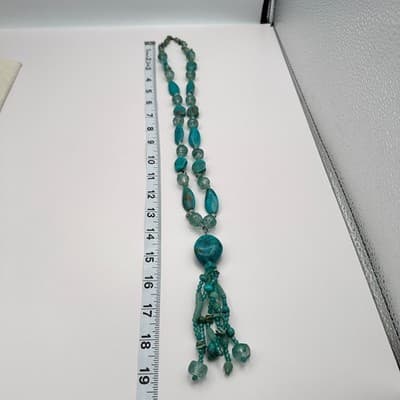 Vintage 90s Teal Faux Turquoise Glass Beaded Tassel Necklace Silver tone Jewelry - Thumbnail 10