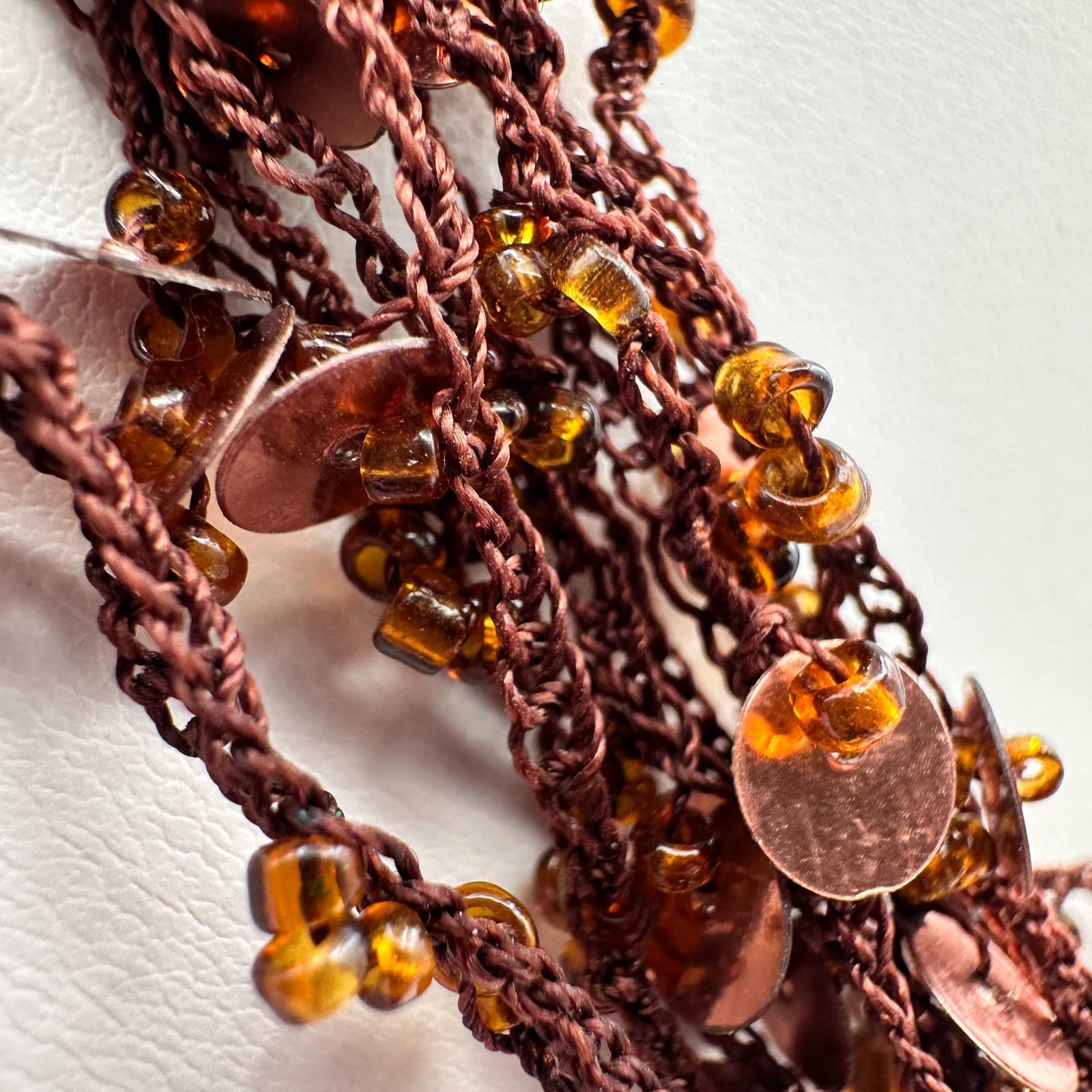 Vintage 90s Boho Multi-Strand Crochet Necklace Brown Amber Beaded Copper Sequins - Thumbnail 5