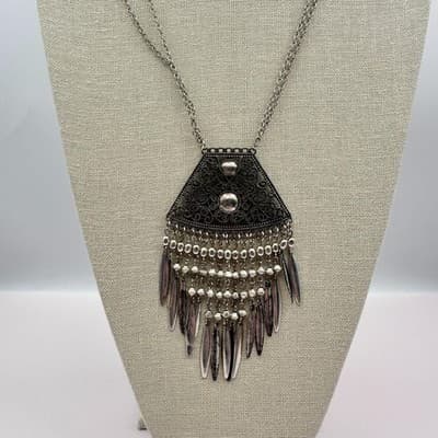 Vintage 90s Silver Tone Filigree Fringe Statement Necklace Women's Retro Jewelry - Thumbnail 7