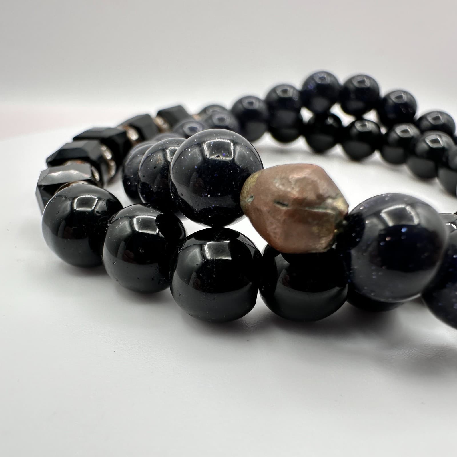 Vintage Y2K Rhinestone Black Onyx Beaded Bracelet Set Boho Women's Jewelry - Thumbnail 4