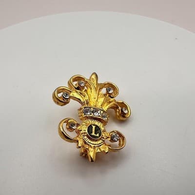 Vintage 80s 90s Lions Club International Brooch Pin Set Gold Tone Glass Jewelry - Thumbnail 4