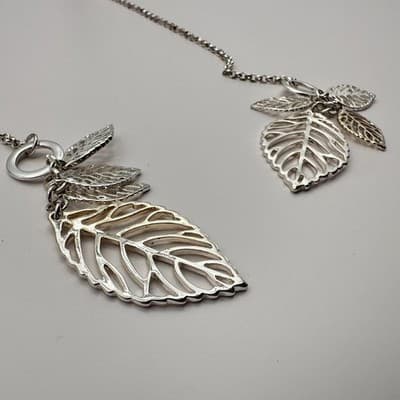 Vintage Y2K Silver Tone Multi Leaf Charm Lariat Necklace Boho Nature Jewelry - Thumbnail 6