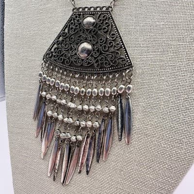 Vintage 90s Silver Tone Filigree Fringe Statement Necklace Women's Retro Jewelry - Thumbnail 6