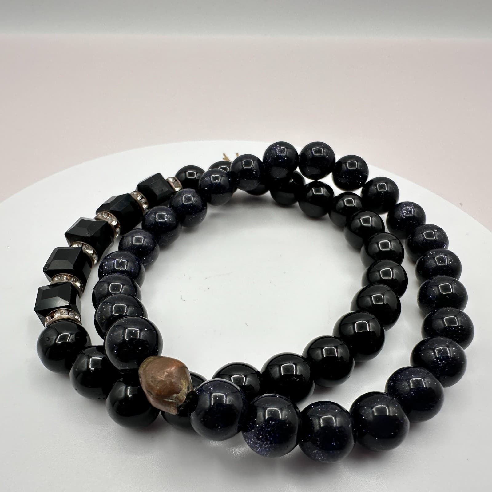 Vintage Y2K Rhinestone Black Onyx Beaded Bracelet Set Boho Women's Jewelry - Thumbnail 7