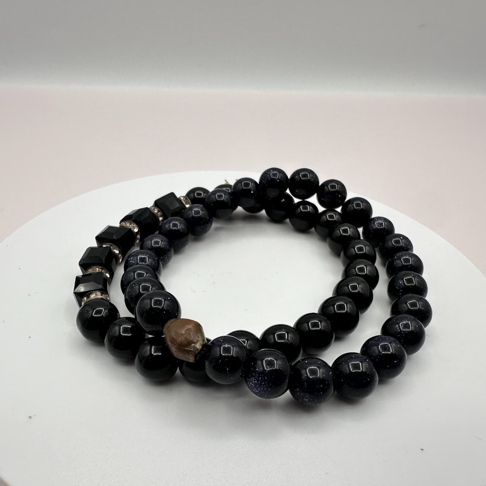 Vintage Y2K Rhinestone Black Onyx Beaded Bracelet Set Boho Women's Jewelry - Thumbnail 2