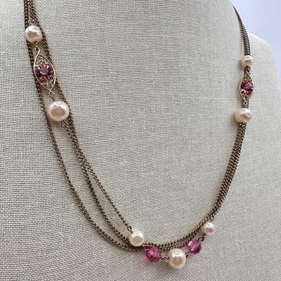Vintage 90s Faux Pearl Gold Tone Multi Strand Chain Necklace Classic Jewelry - Thumbnail 3