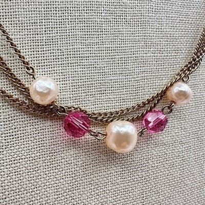 Vintage 90s Faux Pearl Gold Tone Multi Strand Chain Necklace Classic Jewelry - Thumbnail 6