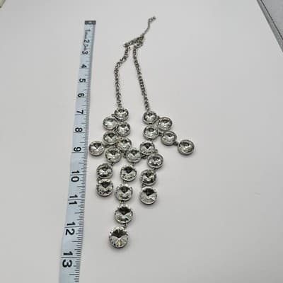 Vintage 90s Silver Tone Round Glass Tiered Bib Statement Necklace Glam Jewelry - Thumbnail 10