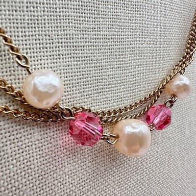 Vintage 90s Faux Pearl Gold Tone Multi Strand Chain Necklace Classic Jewelry - Thumbnail 5
