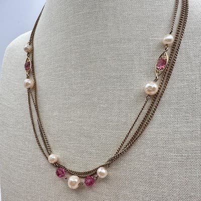 Vintage 90s Faux Pearl Gold Tone Multi Strand Chain Necklace Classic Jewelry - Thumbnail 8