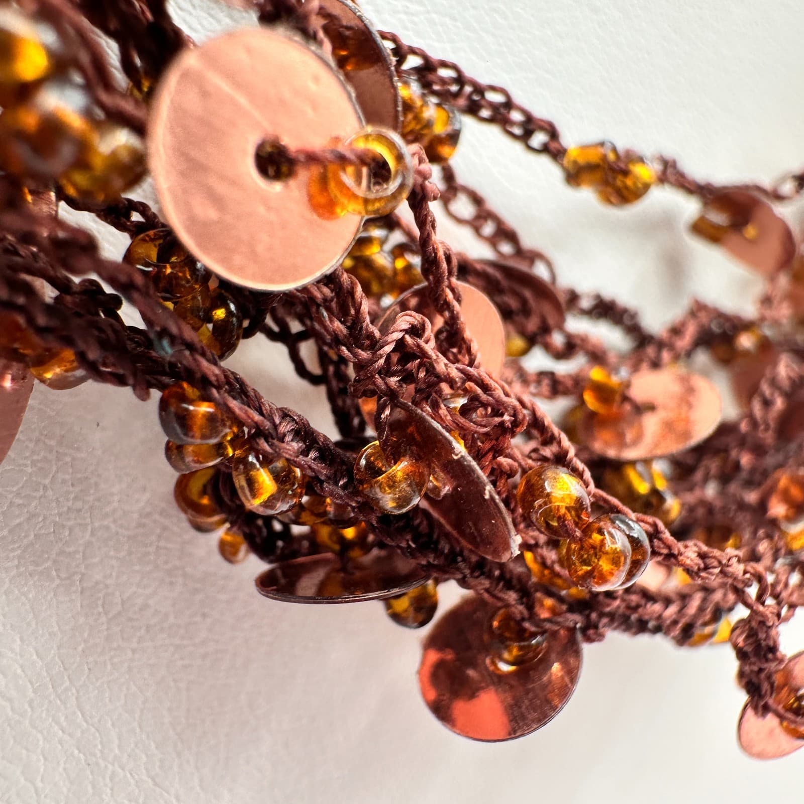 Vintage 90s Boho Multi-Strand Crochet Necklace Brown Amber Beaded Copper Sequins - Thumbnail 6