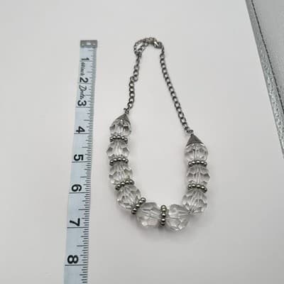 Vintage 80s Chunky Clear Faceted Glass Crystal Necklace Silver Tone Bead Jewelry - Thumbnail 6
