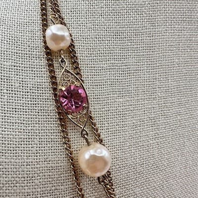 Vintage 90s Faux Pearl Gold Tone Multi Strand Chain Necklace Classic Jewelry - Thumbnail 4