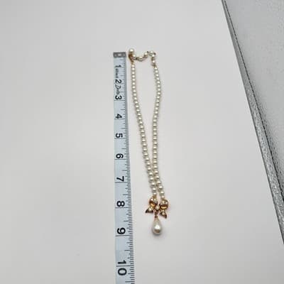Vintage Y2K Faux Pearl Gold Tone Bow Teardrop Pendant Rhinestone Women's Jewelry - Thumbnail 9