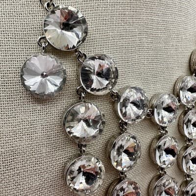 Vintage 90s Silver Tone Round Glass Tiered Bib Statement Necklace Glam Jewelry - Thumbnail 4