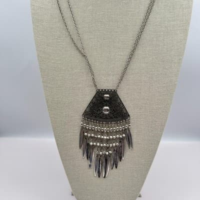 Vintage 90s Silver Tone Filigree Fringe Statement Necklace Women's Retro Jewelry - Thumbnail 8